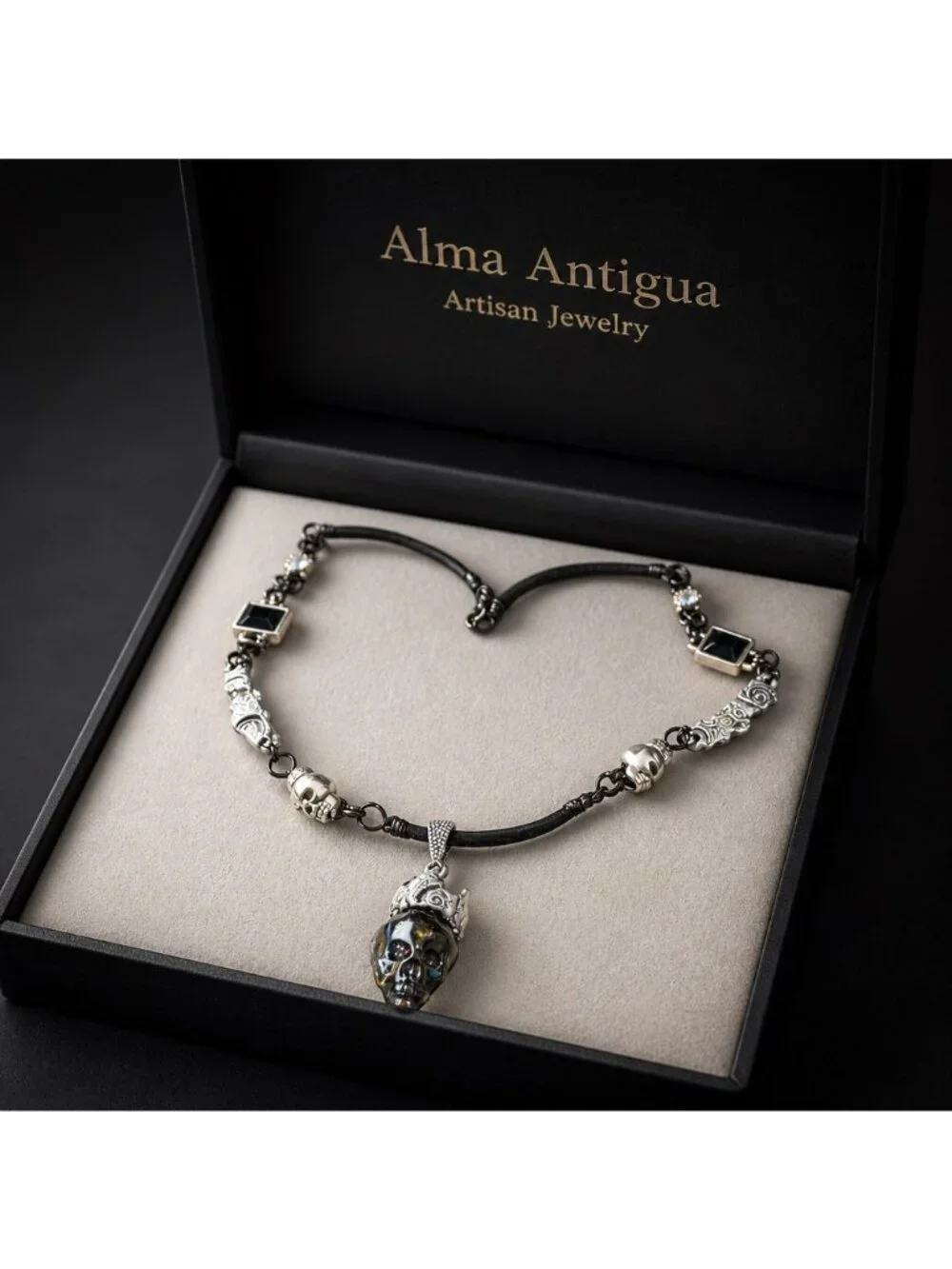 Gothic Elegance Aurora Crystal Skull Necklace | Black Onyx & Silver Metalwork